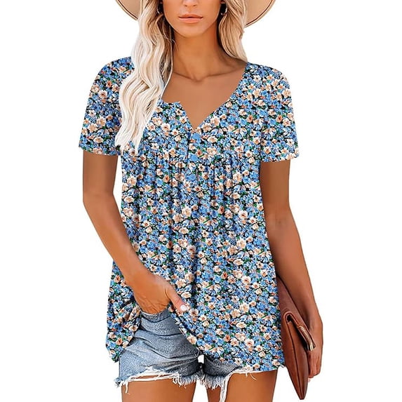 Women’s Short Sleeve Floral Tops Summer Casual Loose Fit Tunic Shirts Button Detail Flowy Blouses for Leggings Jeans Daily Wear