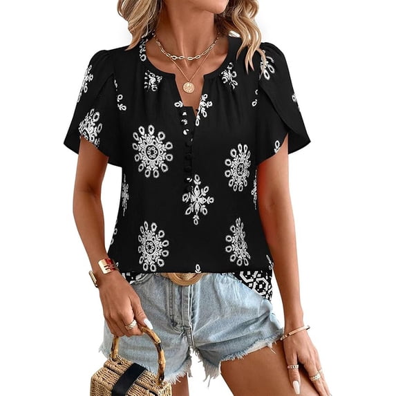 Womens Summer Boho Blouse Short Sleeve Button Down Floral Top Casual Business Work Shirt Fashion Beach Vacation Tops