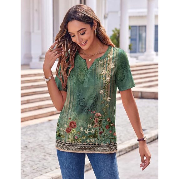 WQD Women’s Summer V Neck Blouse Short Sleeve Floral Print Top Casual Loose Fit Business Dressy Work Shirt