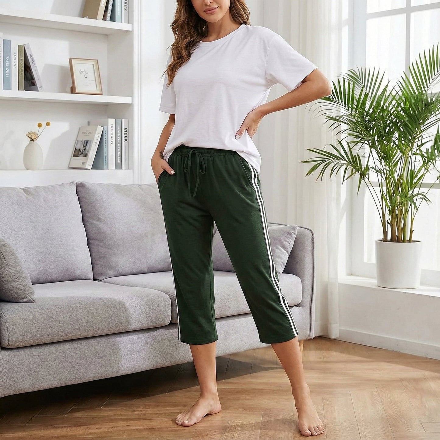 Women's Capri Yoga Pants Loose Soft High Waist Drawstring Workout Sweatpants Causal Lounge Pants Flared Leggings with Pockets for Summer