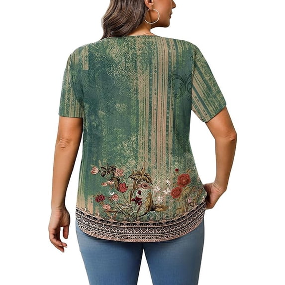 Womens Plus Size Tunic Tops Summer Short Sleeve V Neck Floral Blouse Casual Loose Fit Pleated Button Down Dressy T Shirts for Work, Travel & Everyday Wear