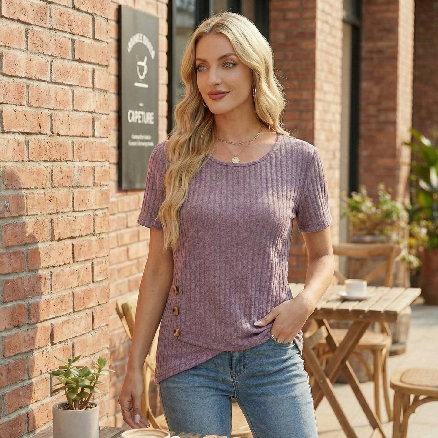 Womens Summer Tunic Tops Short Sleeve Crew Neck Casual Shirts Button Detail Loose Fit T Shirts for Daily Wear Vacation