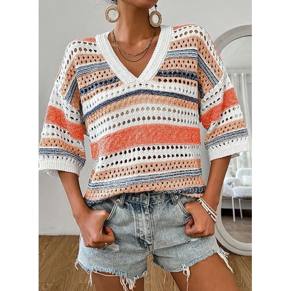Women’s Crochet Sweater Top V Neck Cap Short Sleeve Spring Summer Knit Shirt Loose Hollow Out Striped Pullover Beach Vacation Cruise Casual Fashion Clothes