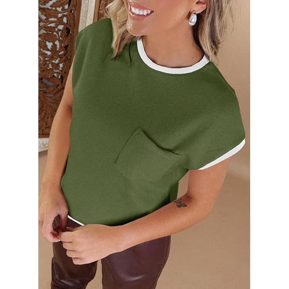 WQD Women’s Short Sleeve Crewneck T Shirt Color Block Ribbed Knit Top Casual Summer Blouse with Pocket