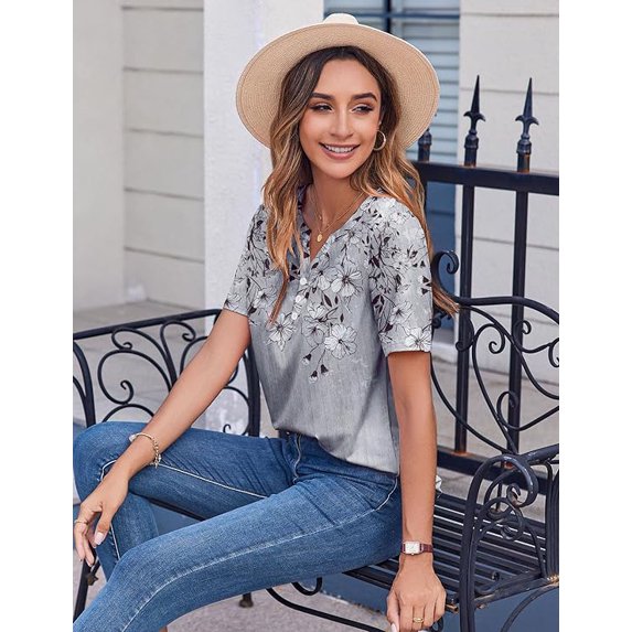 WQD Women’s Summer V Neck Blouse Short Sleeve Floral Print Top Casual Loose Fit Business Dressy Work Shirt