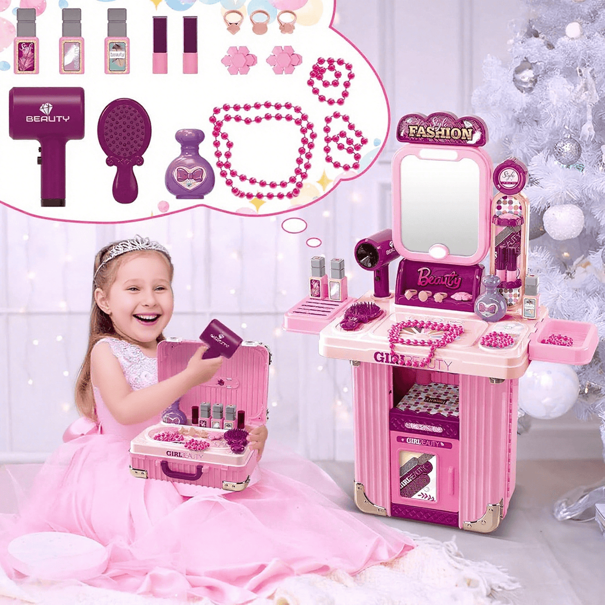 Flynow Toys Makeup Table Playset, Girls Dressup Pretend Play Princess for Toddler 1-3 Years Old, Kids Vanity Accessories 31pcs Set with Music Light, Christmas Birthday Gift for Age 2 4 5 6 7 8 9 10