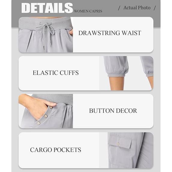 Womens Cargo Capris Travel High Waist Drawstring Workout Pants Button Decor Summer Loose Harem Sweatpants Stylish Soft Casual Work Pants with Pockets