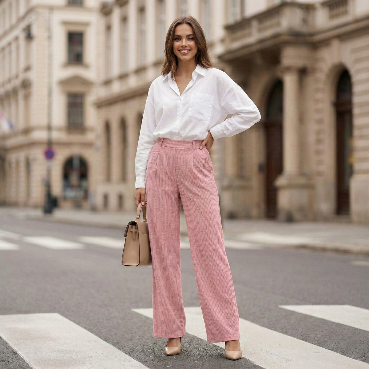 Women’s High Waisted Wide Leg Pants Casual Straight Leg Trousers with Front Pleats Elastic Back Waist Lounge Work Pants