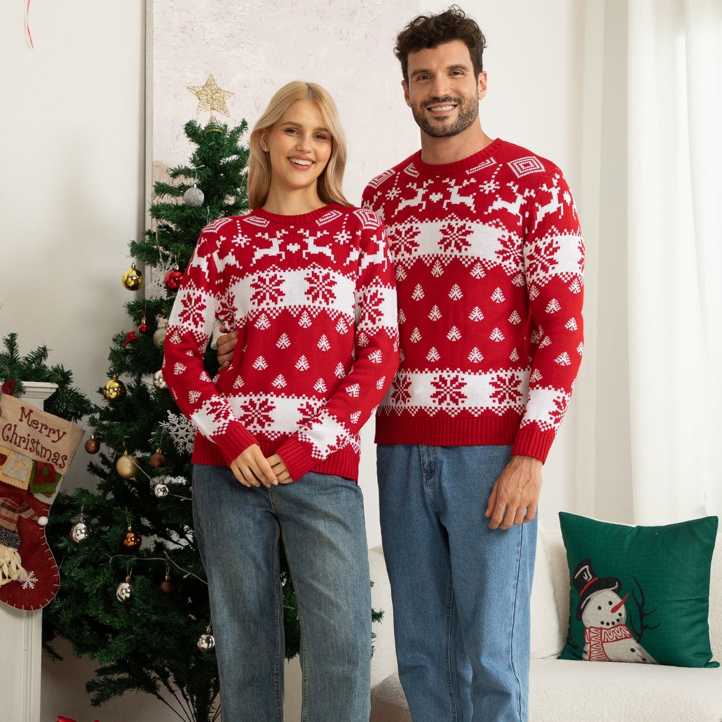 WQD Wen Christmas Sweater Family Couples Warm Thick Casual Ugly Knitted Pullover Top Xmas Elk Snowflake Reindeer Sweatshirt for Holiday Party New Year