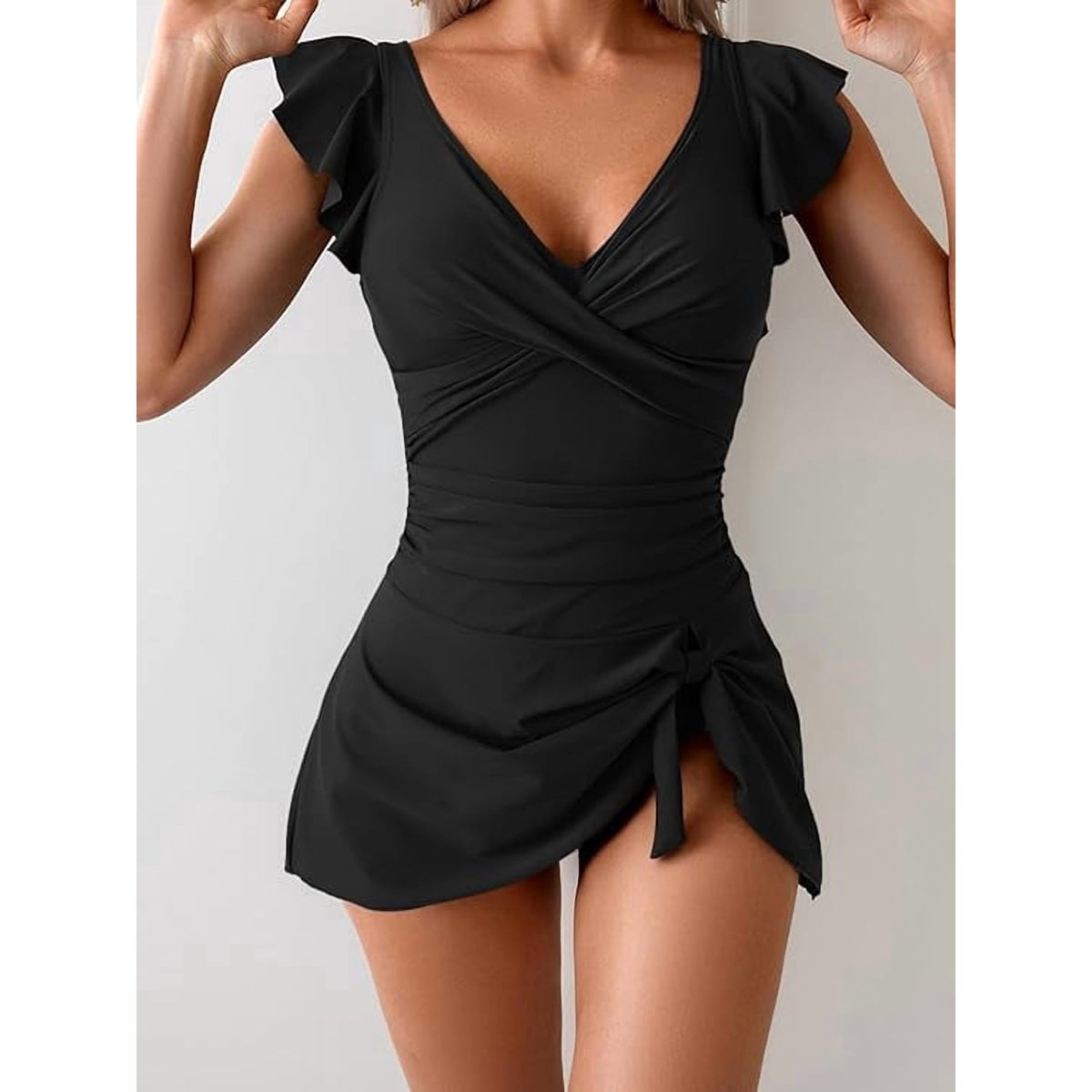 Women’s One Piece Swimdress Tummy Control Ruffle Swimsuit V Neck Tie Knot Skirted Bathing Suit Swim Dress