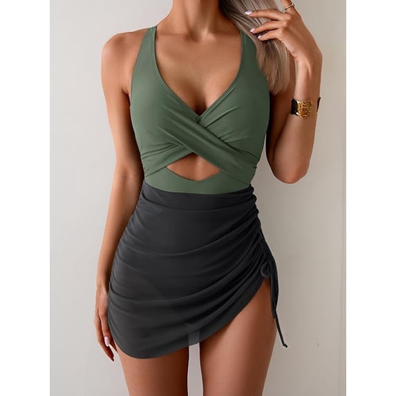 Women’s One Piece Swimdress Swimsuit Mesh Sarong Wrap Skirt Tummy Control V Neck Cutout Bathing Suit Drawstring Swimwear