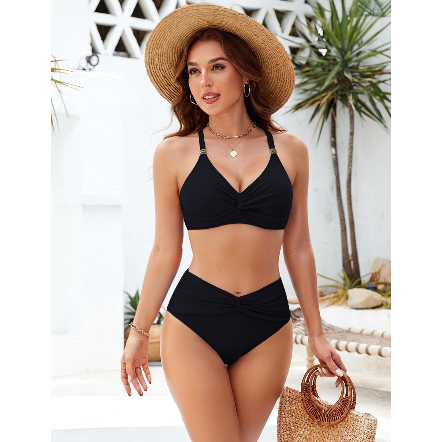 Women’s High Waisted Bikini Set Tummy Control Two Piece Swimsuit V Neck Twist Front Bikini Top & High Rise Bathing Suit Bottoms