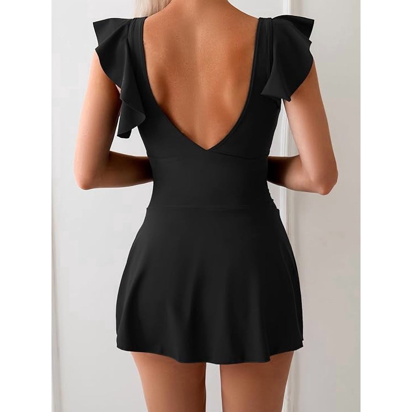 Women’s One Piece Swimdress Tummy Control Ruffle Swimsuit V Neck Tie Knot Skirted Bathing Suit Swim Dress
