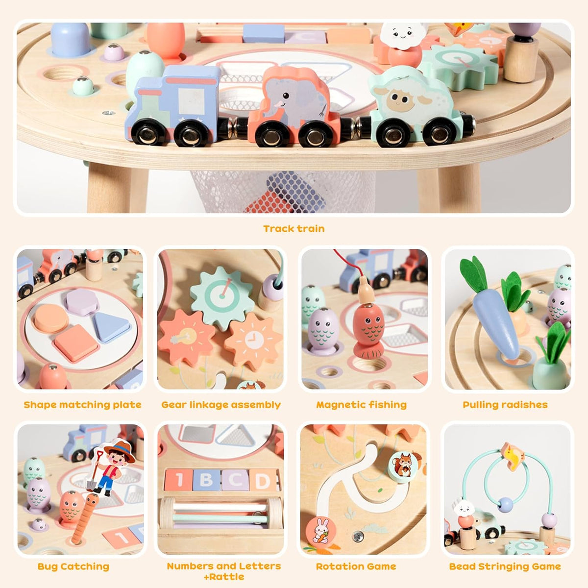 Flynow Baby Busy Board Toys 10-in-1 Wooden Sensory Activity Table, Montessori Toddler Toy Shape Sorter, Fishing, Bead Maze & Train Track, Educational Learning Birthday Gift for 1+ Year Old Boys Girls