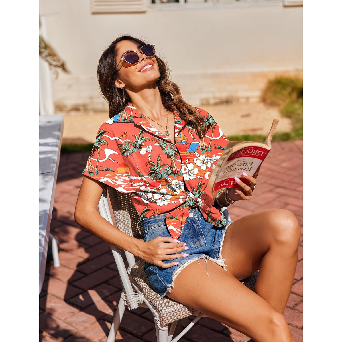 WQD Women’s Tropical Hawaiian Shirt Floral Print Button Up Short Sleeve Tops Summer Casual Beach Holiday Vacation Blouses Lightweight