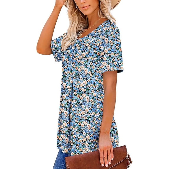 Women’s Short Sleeve Floral Tops Summer Casual Loose Fit Tunic Shirts Button Detail Flowy Blouses for Leggings Jeans Daily Wear