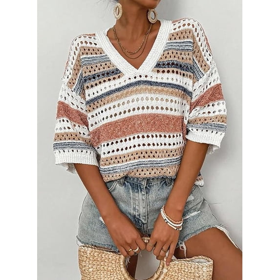 Women’s Crochet Sweater Top V Neck Cap Short Sleeve Spring Summer Knit Shirt Loose Hollow Out Striped Pullover Beach Vacation Cruise Casual Fashion Clothes