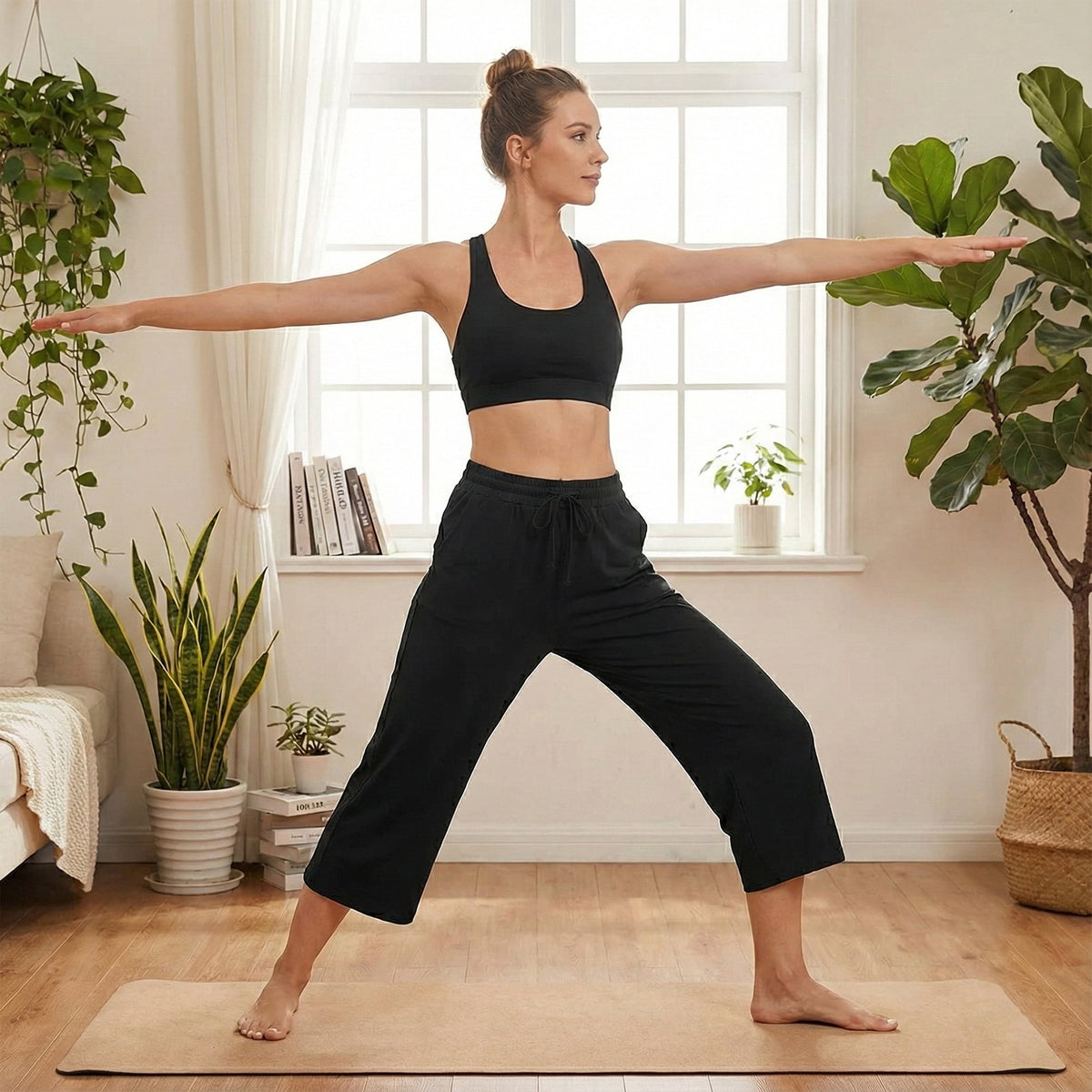 Women’s Capri Yoga Sweatpants with Pockets High Waist Drawstring Flared Pants Casual Workout Lounge Flare Leggings for Summer