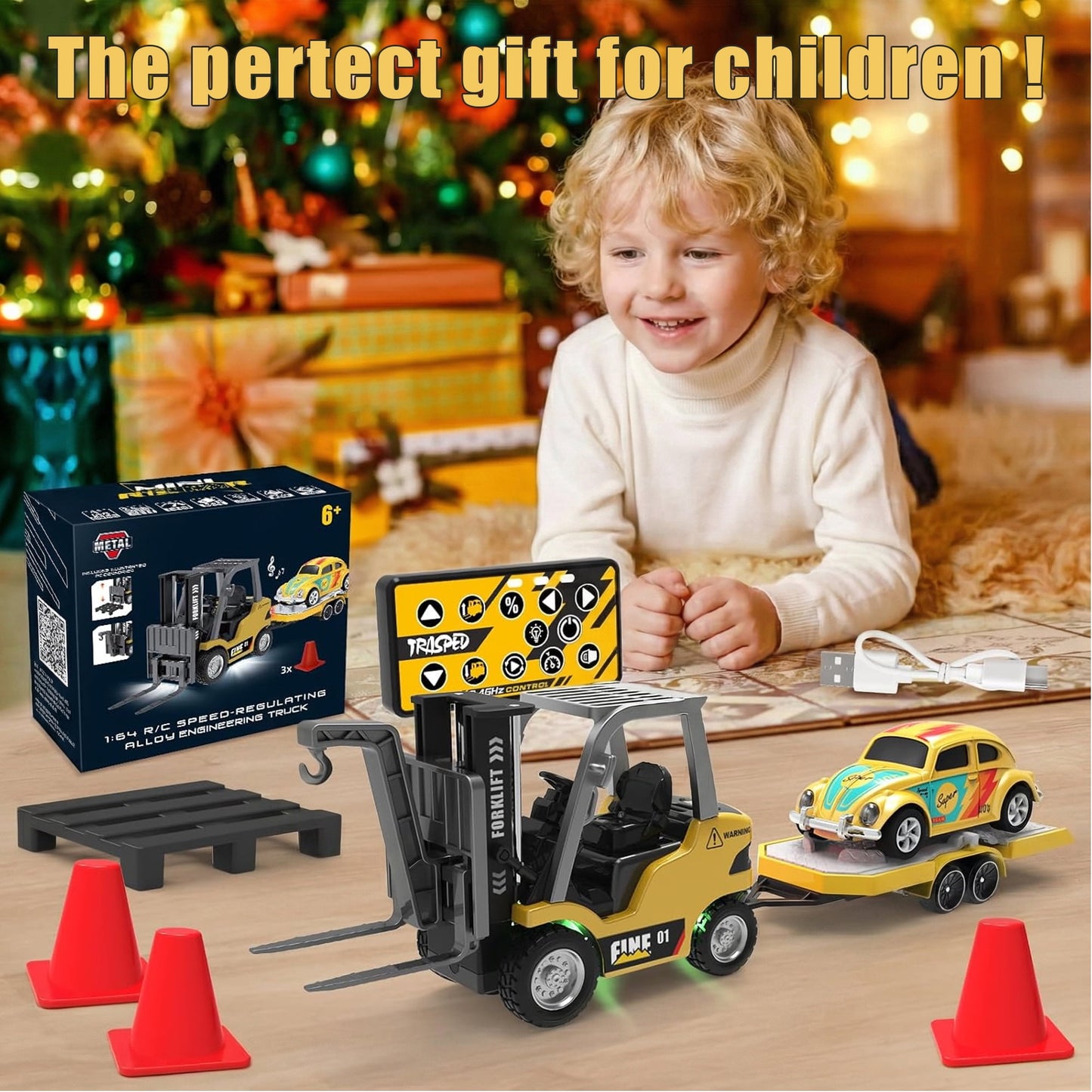 Flynow Mini RC Car Truck Forklift Toy for Kid 3+ Years Old, 1/64 Rechargeable Remote Control Trailer, Electric Vehicle with Lift Fork Hook Light Sound, Birthday Gift for Boy Age 4 5 6 7 8 9