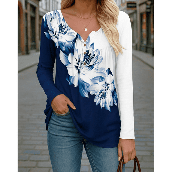 WQD Womens Long Sleeve Shirts Dressy Casual Floral Blouses Loose Tunic Tops for Fall Winter Spring (Available in Plus Size)
