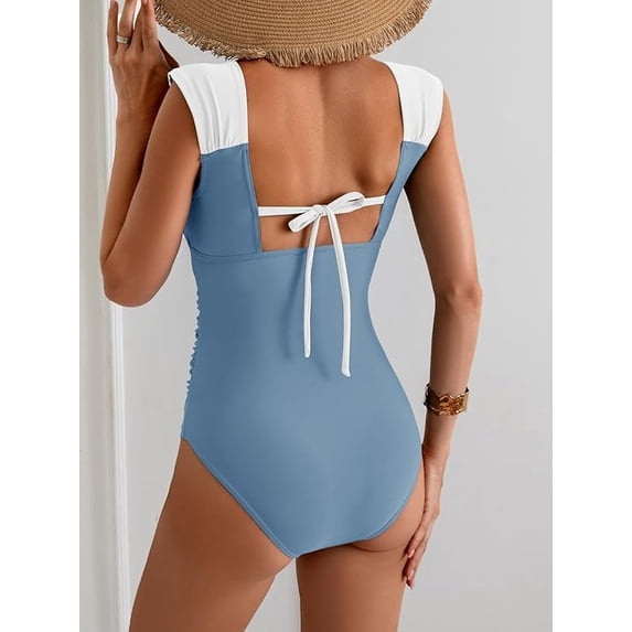 WQD Womens One Piece Swimsuit Square Neck Tummy Control Bathing Suit Ruched Retro Modest Full Coverage Swimwear