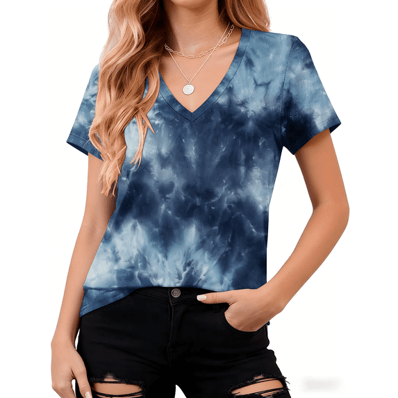 WQD Womens Short Sleeve V Neck T Shirts Casual Tie Dye Tops Loose Fit Basic Summer Tee Trendy Printed Blouse