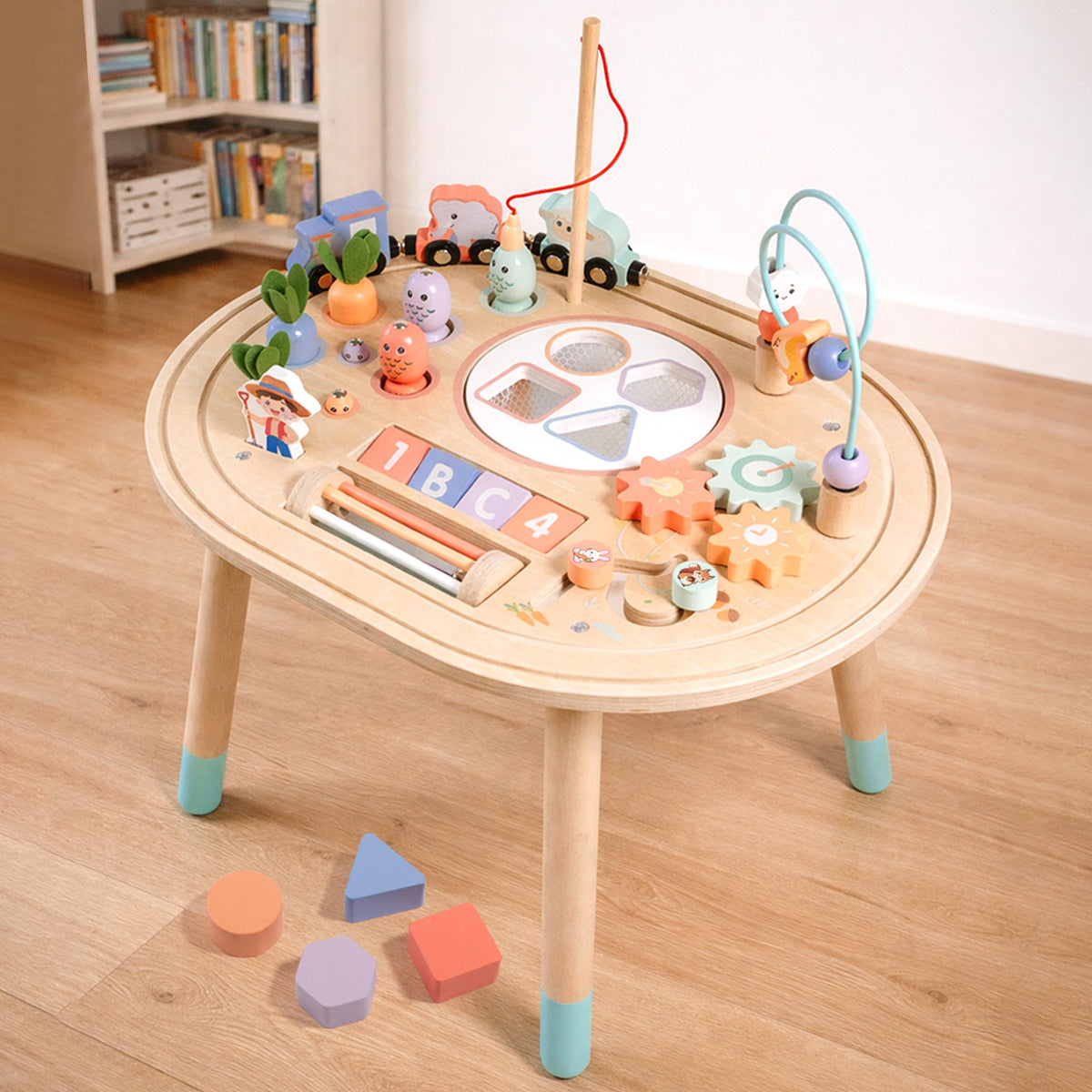 Flynow Baby Busy Board Toys 10-in-1 Wooden Sensory Activity Table, Montessori Toddler Toy Shape Sorter, Fishing, Bead Maze & Train Track, Educational Learning Birthday Gift for 1+ Year Old Boys Girls