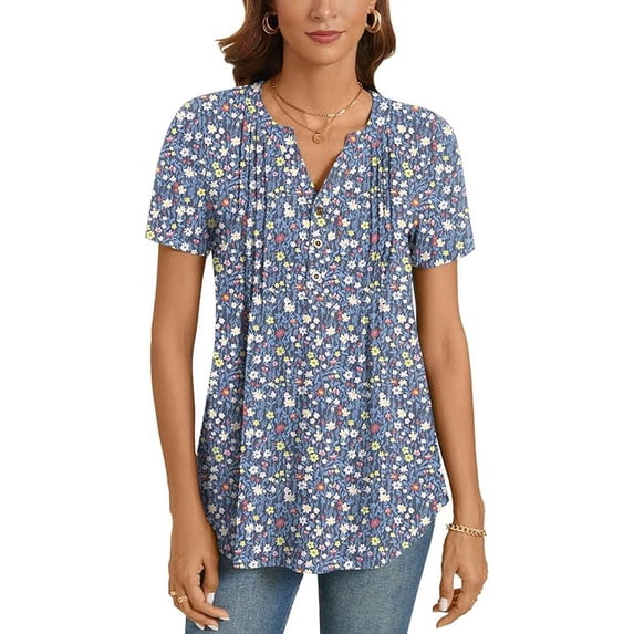 Women’s Summer Floral Tops Short Sleeve Henley Shirt Button Down Casual Loose Fit Lightweight Tunic Blouse for Daily Wear(Available in Plus Size)