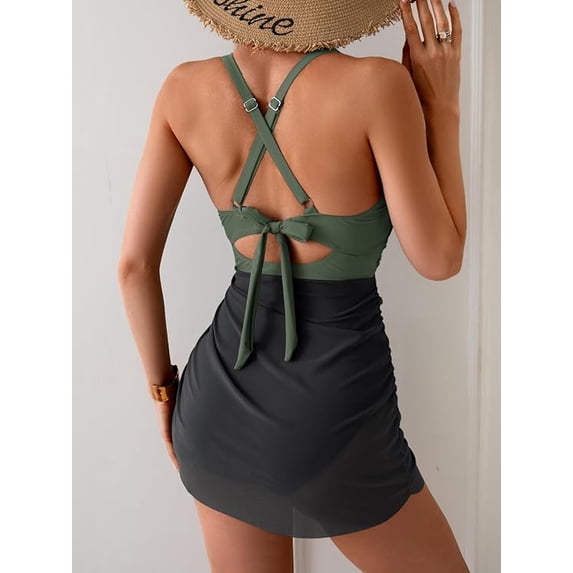 Women’s One Piece Swimdress Swimsuit Mesh Sarong Wrap Skirt Tummy Control V Neck Cutout Bathing Suit Drawstring Swimwear