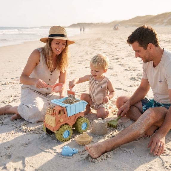 Flynow 7 Pcs Beach Toy Set for Kids 3+ Years Old, Friendly Travel Play Sand Construction Set, Sand Castle Building Kit, Car Toy Set Birthday Gift for Girl Boy Age 3 4 5 6 7 8