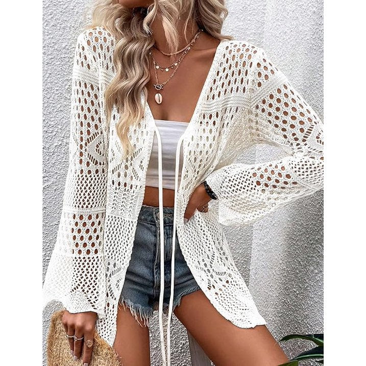 WQD Women Crochet Cardigan for Summer Spring Fall, Lightweight Oversized Tie Front Hollow Out Long Sleeves Kimono Boho Knit Beach Cover Up with Swimsuit, Bikini, Bathing Suit