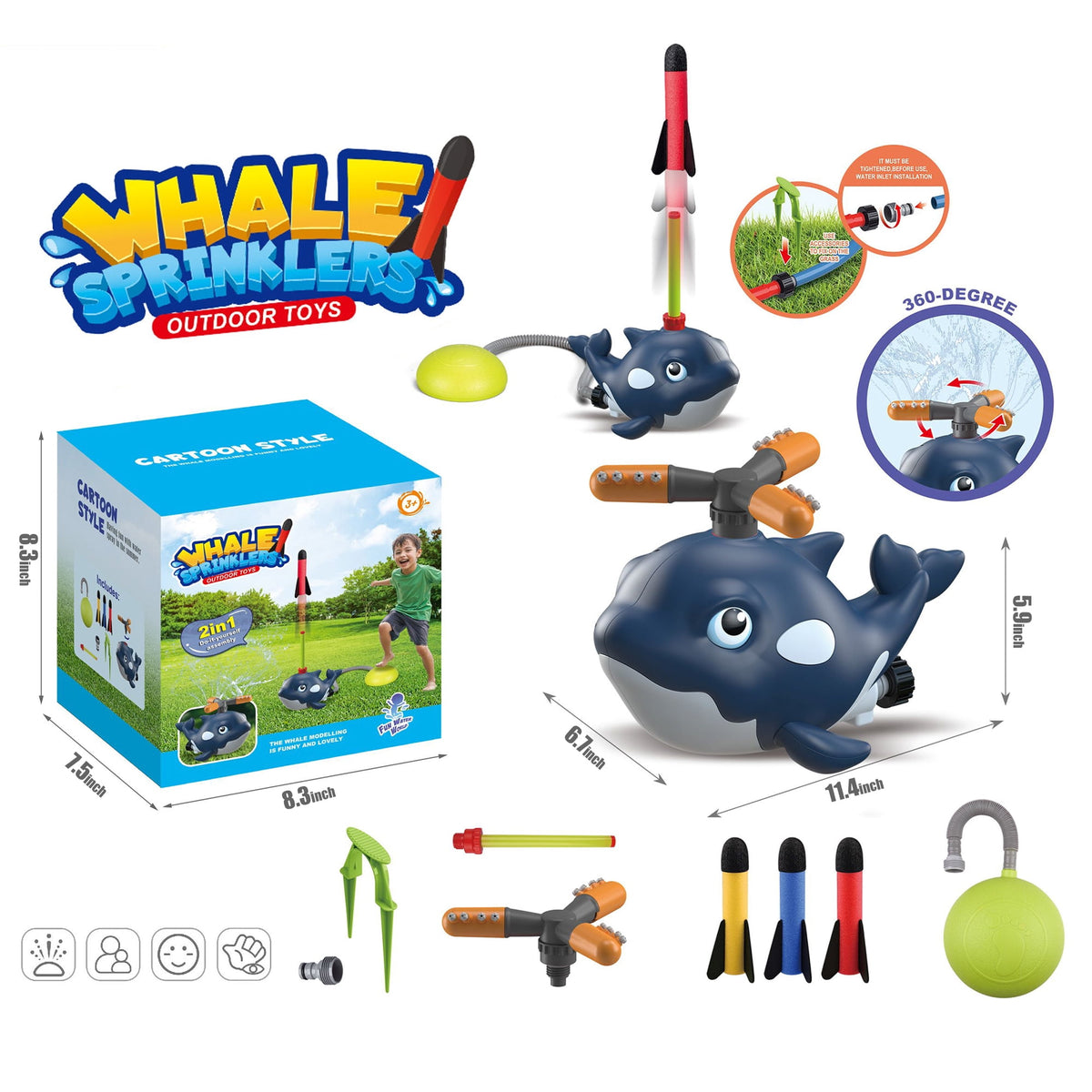Flynow Whale 2 in 1 Water Sprinkler Toy Rocket Launcher Set - Outdoor Summer Water Spray Sprinkler for Backyard Lawn Garden Kids Ages 3-12
