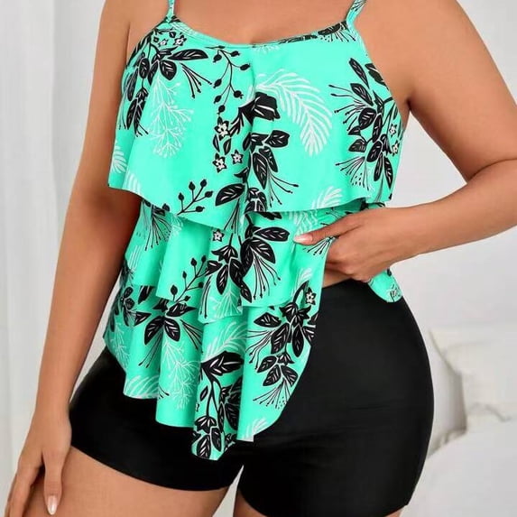 Plus Size Tankini Swimsuits for Women Tummy Control 2 Piece Bathing Suit Ruffle Flounce Swim Top with Boyshorts Modest Floral Swimwear