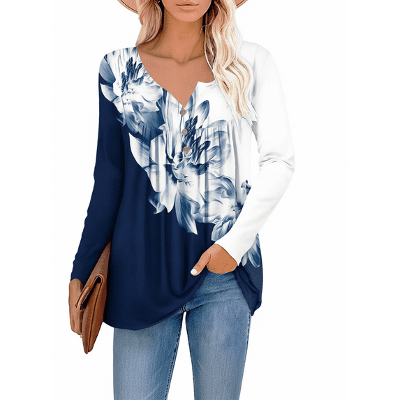 WQD Womens Long Sleeve Shirts Dressy Casual Floral Blouses Loose Tunic Tops for Fall Winter Spring (Available in Plus Size)