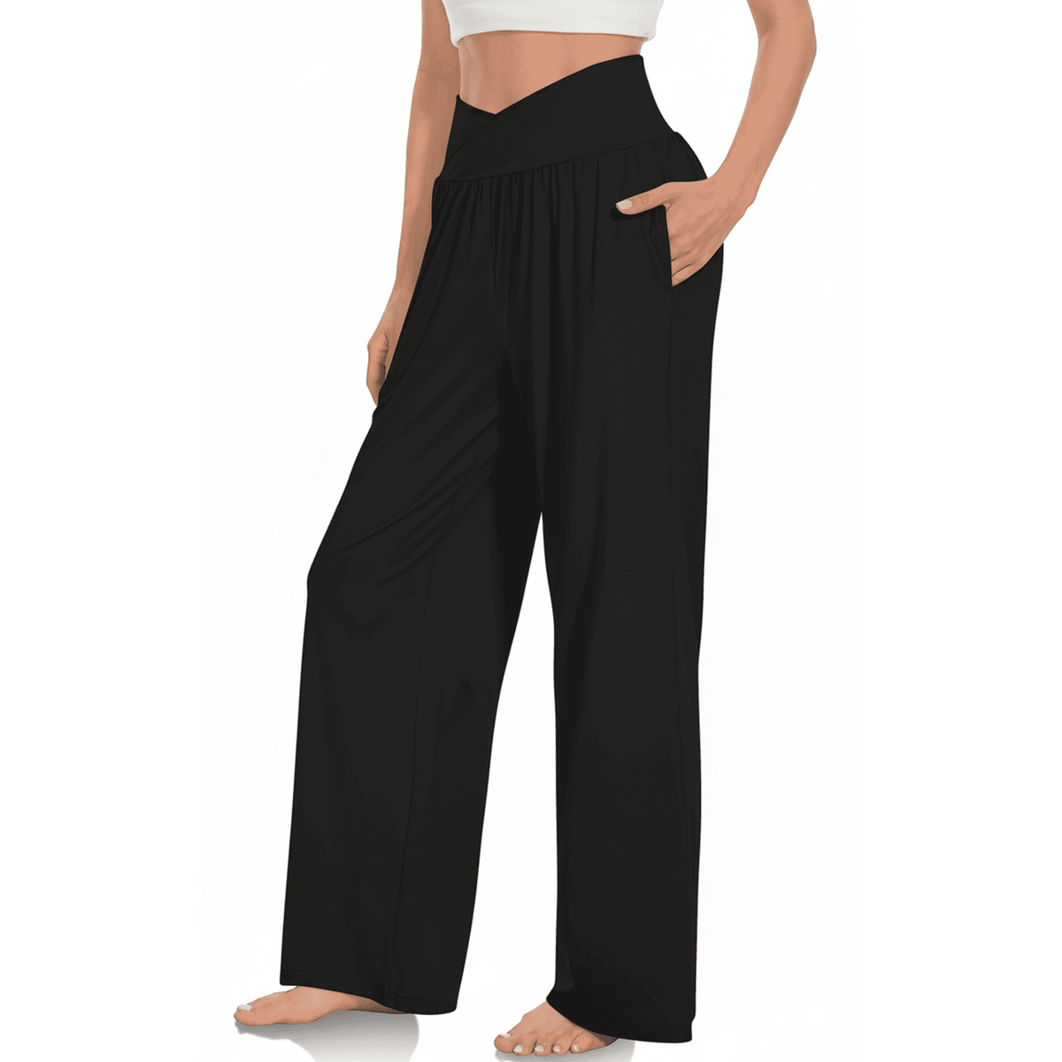 WQD Women’s Sweatpants Wide Leg Lounge Pants Crossover High Waist Yoga Pants with Pockets Comfy Loose Fit Flowy Casual Pajama Pants