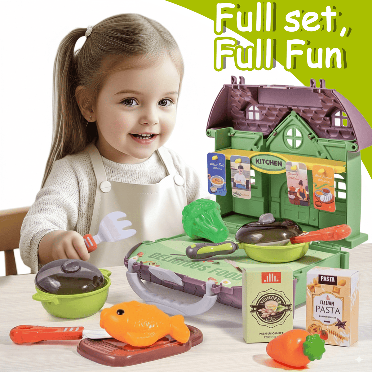 Flynow Kids Kitchen Playset Toys, Cooking Pretend Play for Toddler 1-3 Year Old, 23pcs Interactive Toy Accessories with Food Utensils Pots, Christmas Birthday Gift for Girls Age 2 4 5 6 7 8 9 10