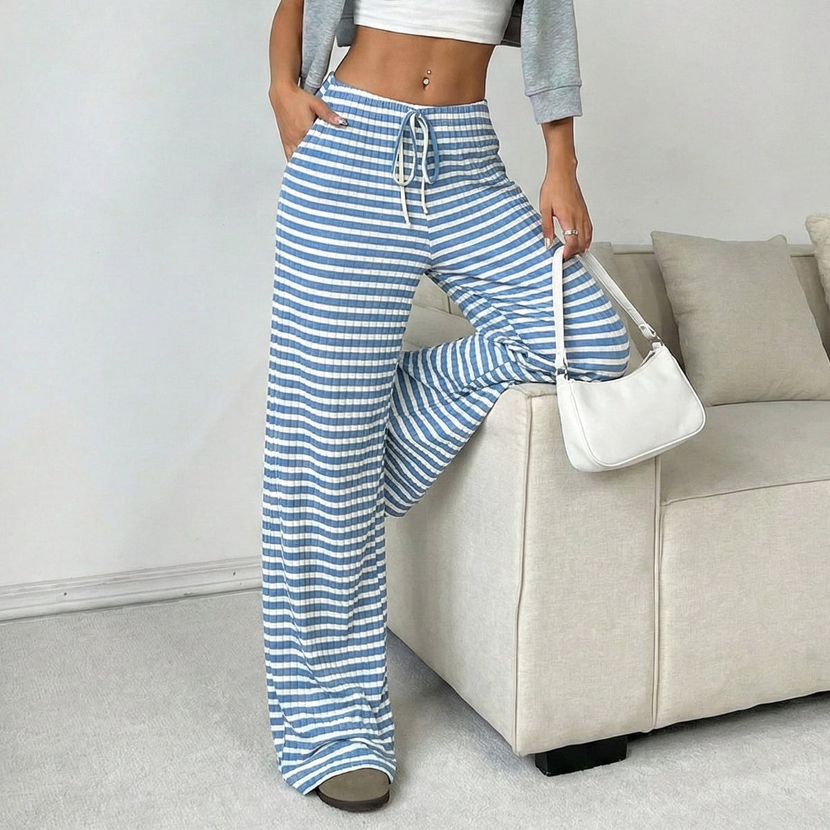 Women’s Wide Leg Palazzo Pants High Waisted Striped Knit Lounge Pants Elastic Waist Drawstring Casual Pajama Trousers