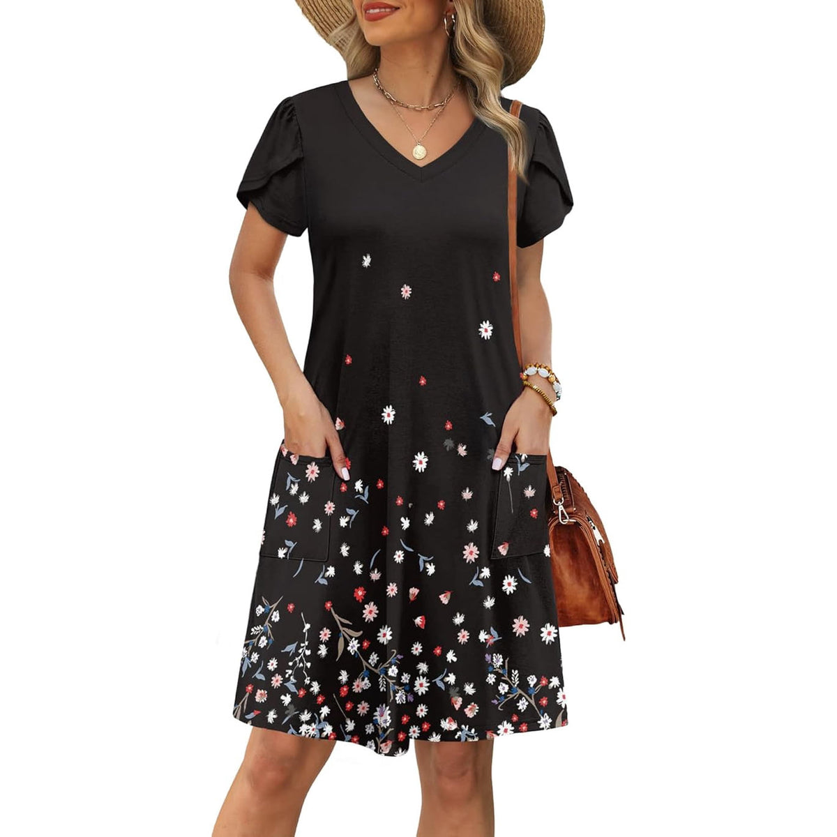 Women’s Summer Sundress with Pockets Short Sleeve V Neck Swing Midi Dress Casual Loose Fit Vacation Beach Dress