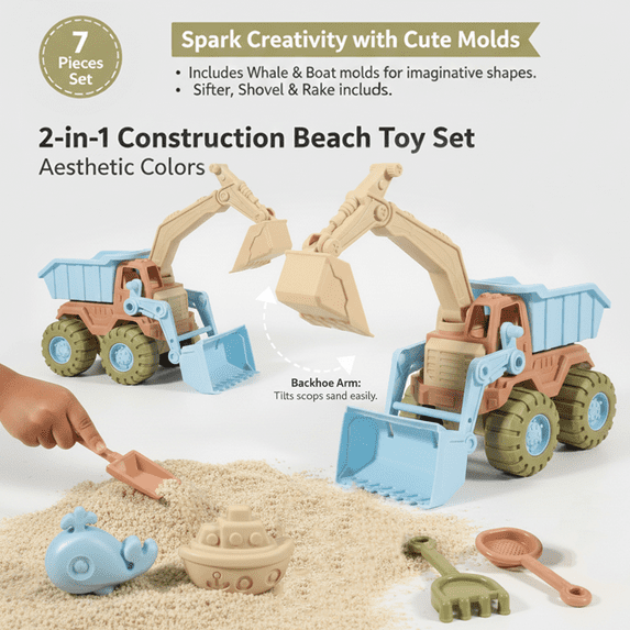 Flynow 7 Pcs Beach Toy Set for Kids 3+ Years Old, Friendly Travel Play Sand Construction Set, Sand Castle Building Kit, Birthday Gift for Girl Boy Age 3 4 5 6 7 8