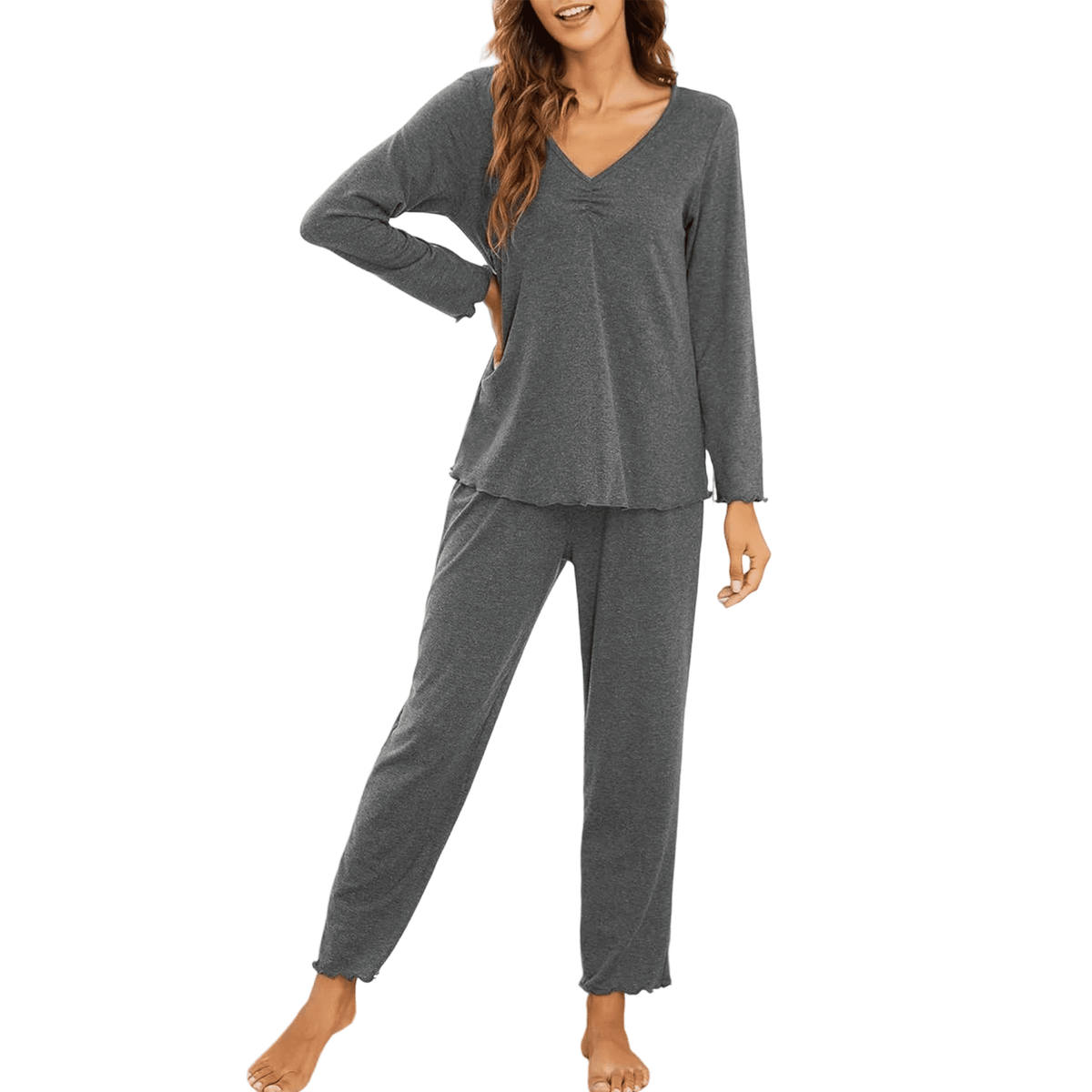 WQD Womens Pajama Sets 2 Piece Lounge Sets V Neck Long Sleeve Loungewear Comfy Pj Sets Top and Pants Soft Loose Sleepwear for Fall Winter Spring