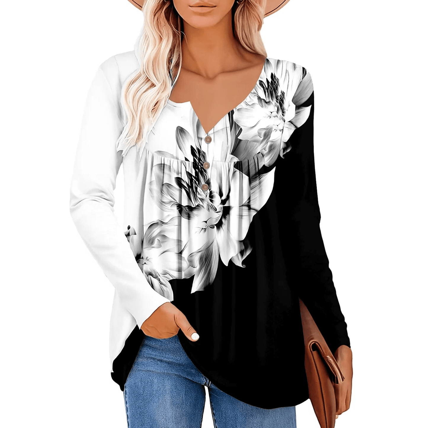 WQD Scoop Neck Tops for Women Floral Long Sleeve Tunic Blouses Casual Loose Fit Shirts to Wear with Leggings Dressy Work Tops (Available in Plus Size)