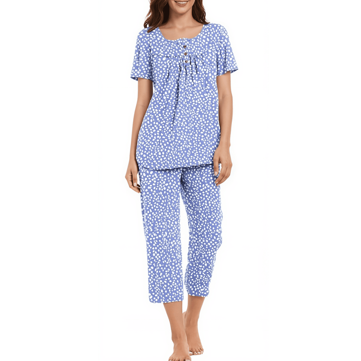 WQD Womens Pajama Sets 2 Piece Lounge Sets Soft Loungewear Comfy Pj Sets Henley Neck Short Sleeve Top and Capri Pants Loose Sleepwear with Pockets