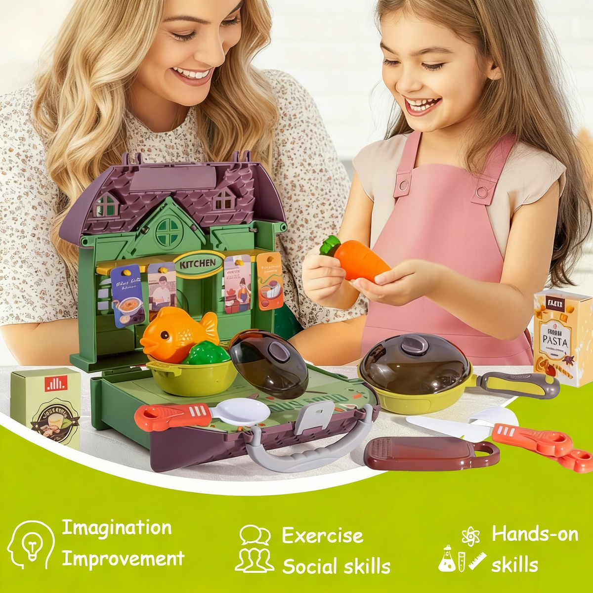 Flynow Kids Kitchen Playset Toys, Cooking Pretend Play for Toddler 1-3 Year Old, 23pcs Interactive Toy Accessories with Food Utensils Pots, Christmas Birthday Gift for Girls Age 2 4 5 6 7 8 9 10