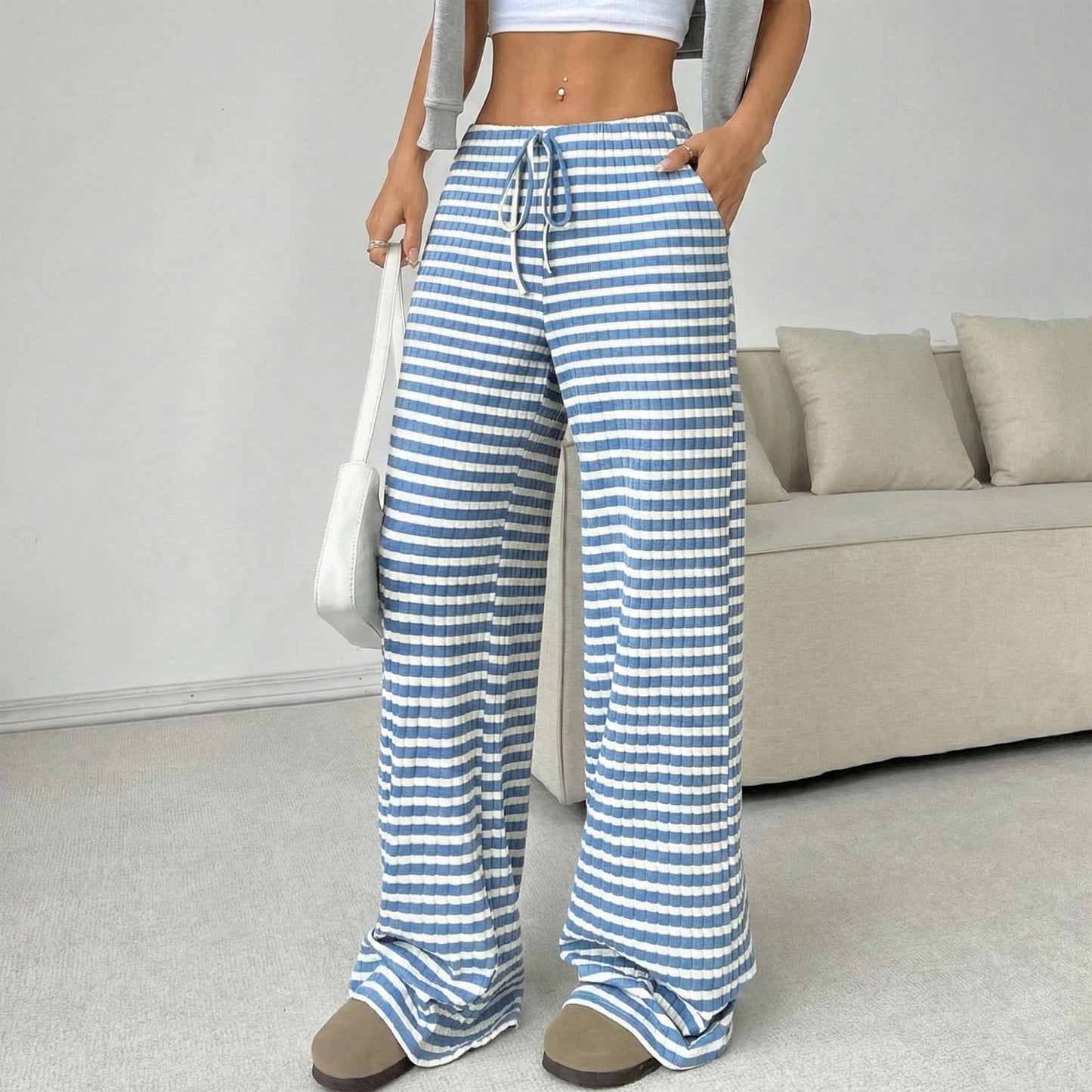Women’s Wide Leg Palazzo Pants High Waisted Striped Knit Lounge Pants Elastic Waist Drawstring Casual Pajama Trousers