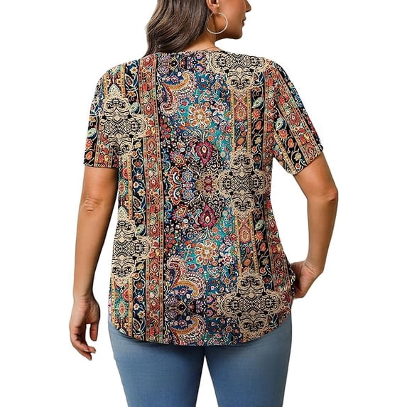 Womens Plus Size Tunic Tops Summer Short Sleeve V Neck Floral Blouse Casual Loose Fit Pleated Button Down Dressy T Shirts for Work, Travel & Everyday Wear