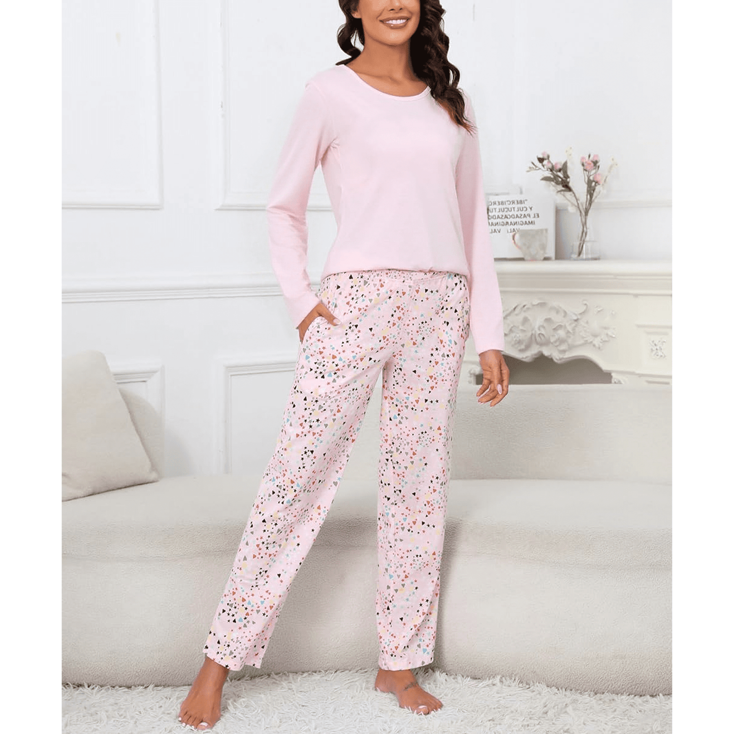 WQD Womens Pajama Sets 2 Piece Lounge Sets Soft Loungewear Comfy Pj Sets Long Sleeve Top and Pants Loose Sleepwear with Pockets for Fall Winter Spring