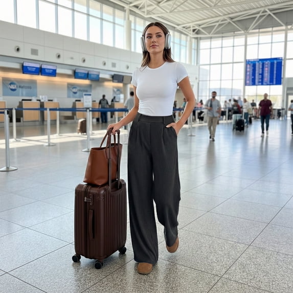 Women’s High Waisted Wide Leg Pants Casual Straight Leg Trousers with Front Pleats Elastic Back Waist Lounge Work Pants