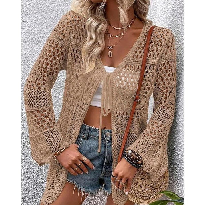WQD Women Crochet Cardigan for Summer Spring Fall, Lightweight Oversized Tie Front Hollow Out Long Sleeves Kimono Boho Knit Beach Cover Up with Swimsuit, Bikini, Bathing Suit