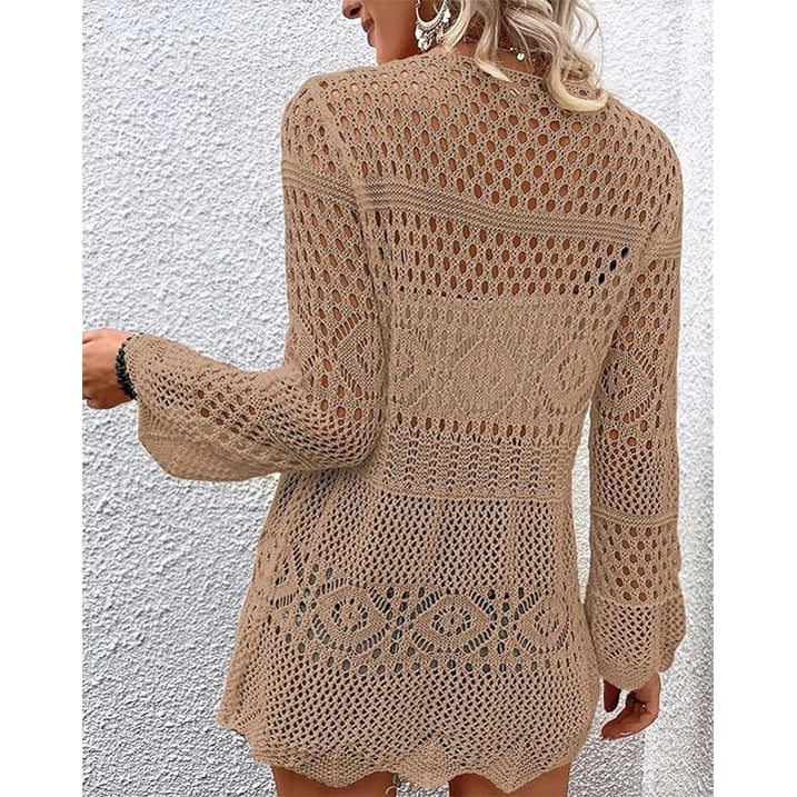 WQD Women Crochet Cardigan for Summer Spring Fall, Lightweight Oversized Tie Front Hollow Out Long Sleeves Kimono Boho Knit Beach Cover Up with Swimsuit, Bikini, Bathing Suit