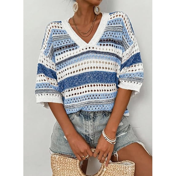 Women’s Crochet Sweater Top V Neck Cap Short Sleeve Spring Summer Knit Shirt Loose Hollow Out Striped Pullover Beach Vacation Cruise Casual Fashion Clothes